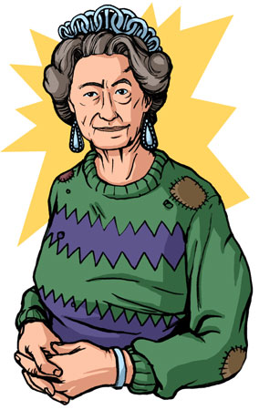 HRH the Queen, in a threadbare pullover