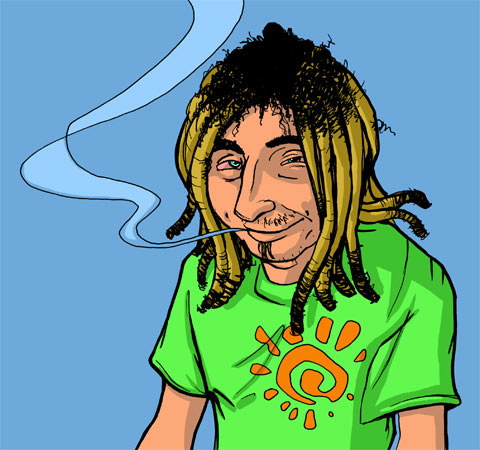 Stoned marijuana fan with dreadlocks
